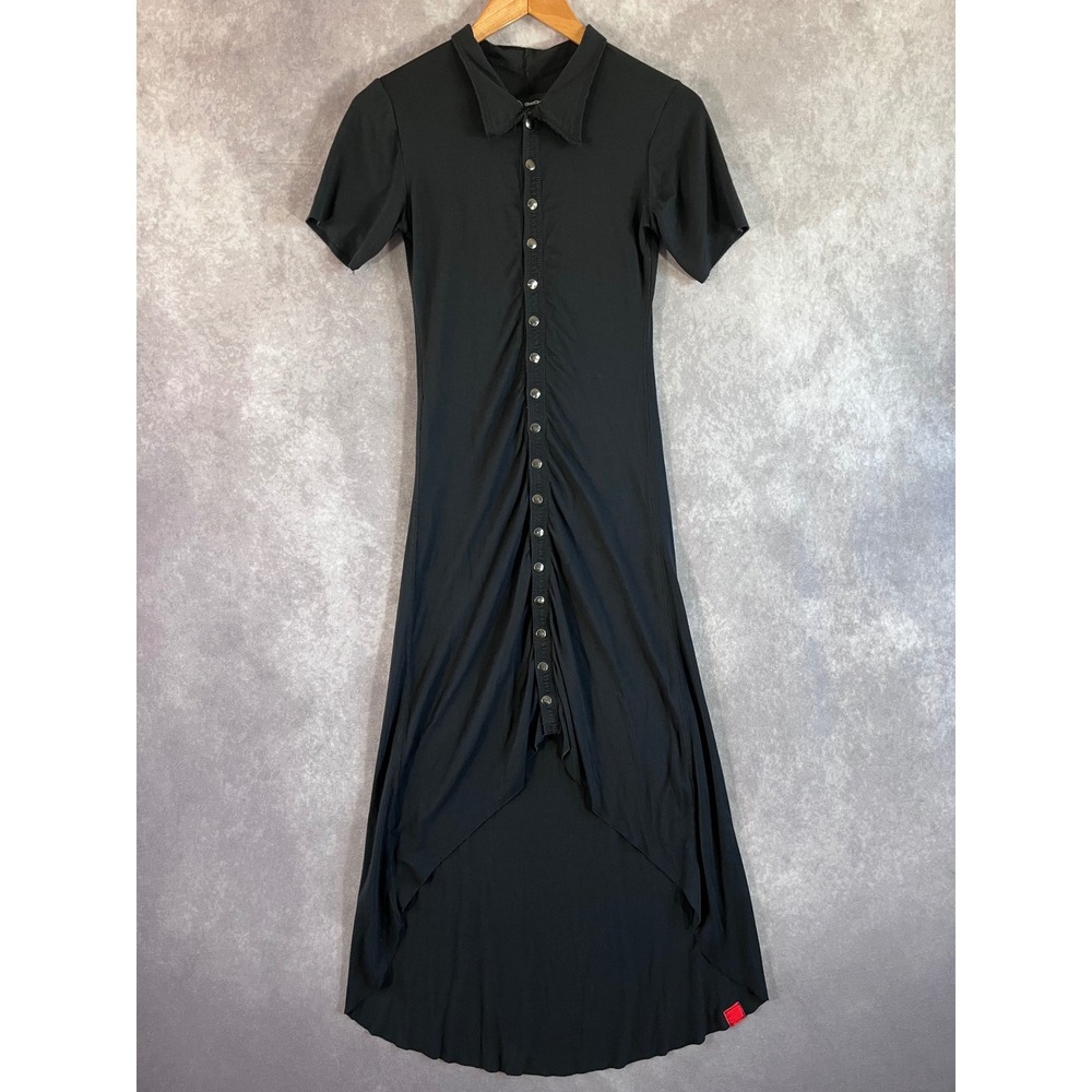 GhostCircus Apparel Maxi Dress Women Small Black Ruched High-Low Goth Snap Front